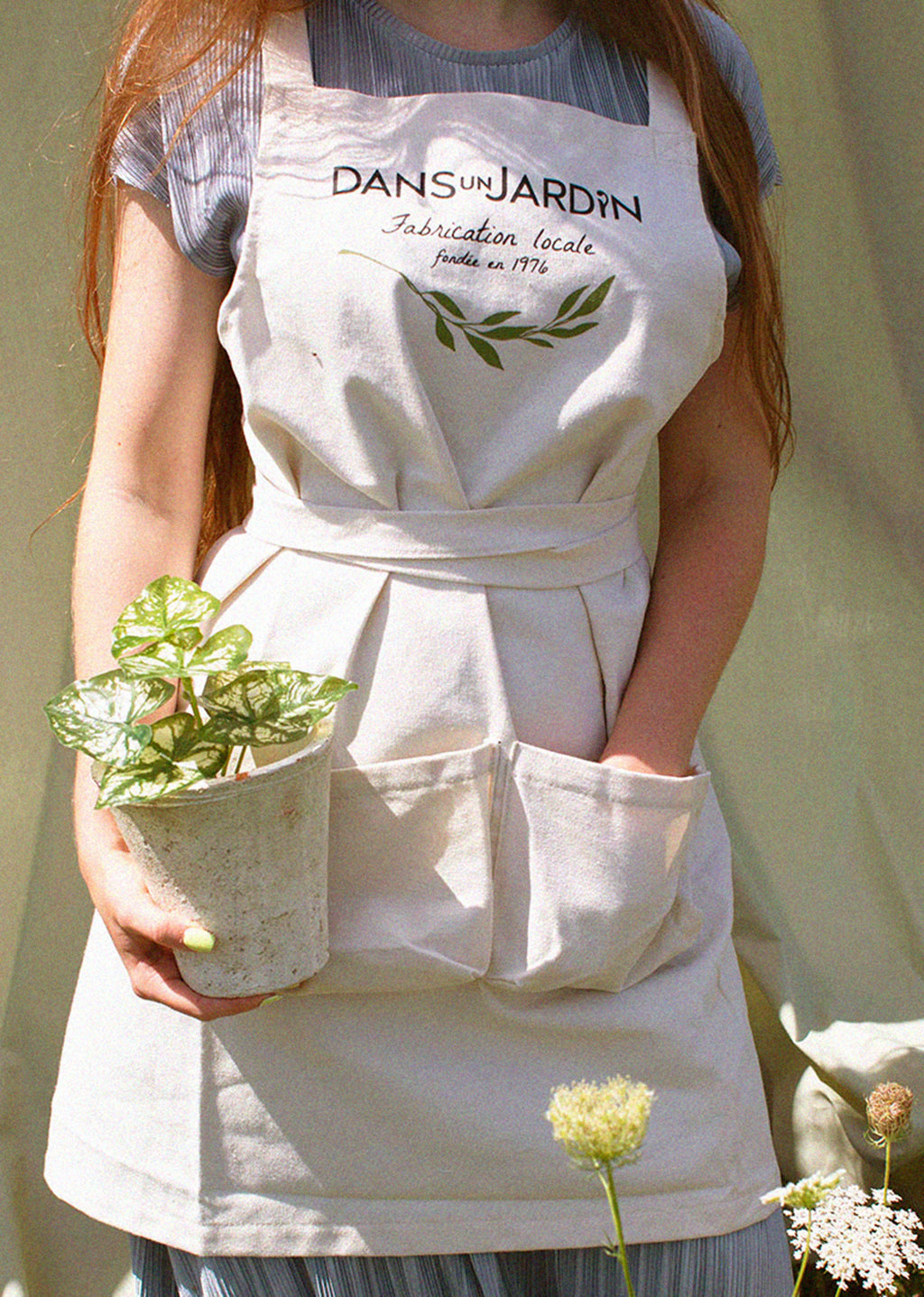 Beige Apron in Natural Cotton with Pocket
